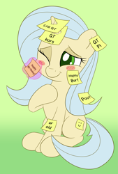 Size: 1835x2709 | Tagged: safe, artist:esfelt, derpibooru import, oc, oc only, oc:posty, pony, unicorn, blushing, cute, female, gift art, mare, ocbetes, solo, sticky note, sweet dreams fuel