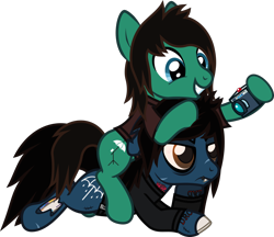 Size: 1444x1250 | Tagged: safe, artist:lightningbolt, derpibooru exclusive, earth pony, pony, undead, zombie, zombie pony, .svg available, angry, bags under eyes, bloodshot eyes, bone, bring me the horizon, brothers, camera, clothes, drop dead clothing, duo, floppy ears, grin, happy, hoof hold, hoof on chin, hoof on head, lip piercing, long sleeves, male, oliver sykes, photography, piercing, ponies riding ponies, ponified, prone, scar, shirt, siblings, simple background, smiling, stallion, stitches, svg, t-shirt, tattoo, tom sykes, torn ear, transparent background, vector