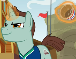 Size: 1200x926 | Tagged: safe, screencap, pony, unicorn, common ground, background pony, basket, buckball, buckbasket, bushel basket, buzzsaw blitz, clothes, cropped, glowing horn, jersey, looking back, magic, magic aura, male, shirt, solo, stallion, telekinesis