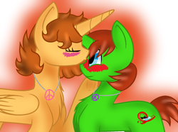 Size: 1416x1056 | Tagged: safe, artist:doraeartdreams-aspy, derpibooru import, oc, oc:aspen, oc:ryan, alicorn, pony, alicorn oc, blushing, forehead kiss, hippie, jewelry, kiss on the head, kissing, necklace, peace symbol, ryspen