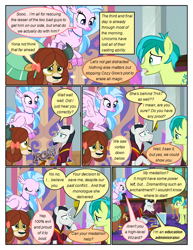 Size: 612x792 | Tagged: safe, artist:newbiespud, edit, edited screencap, screencap, chancellor neighsay, sandbar, silverstream, yona, classical hippogriff, earth pony, hippogriff, pony, yak, comic:friendship is dragons, school raze, chains, chair, comic, desk, dialogue, eyes closed, female, flying, frown, looking down, male, sad, screencap comic, stallion, table, trash can