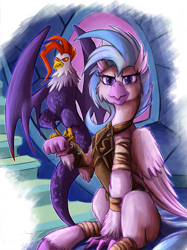 Size: 1119x1500 | Tagged: safe, artist:jamescorck, silverstream, classical hippogriff, cockatrice, hippogriff, student counsel, armor, badass, clothes, edith (cockatrice), fantasy class, leg wraps, ranger
