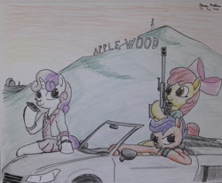 Size: 2963x2448 | Tagged: safe, artist:rockhoppr3, apple bloom, scootaloo, sweetie belle, pony, applewood, car, cellphone, clothes, cutie mark crusaders, grand theft auto, gun, obey 9f, phone, rifle, traditional art, weapon