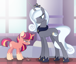 Size: 1904x1624 | Tagged: safe, artist:awoomarblesoda, oc, oc only, oc:starlet enchantment, oc:tarot spell, pony, unicorn, alicorn amulet, base used, crown, duo, female, glasses, hoof shoes, jewelry, mare, offspring, parent:princess luna, parent:star swirl the bearded, parent:sunburst, parent:twilight sparkle, parents:lunaswirl, parents:twiburst, peytral, regalia, sad, socks (coat marking)