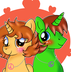 Size: 2048x2090 | Tagged: safe, artist:doraeartdreams-aspy, derpibooru import, oc, oc:aspen, oc:ryan, alicorn, pony, unicorn, alicorn oc, bust, hippie, jewelry, necklace, peace symbol, portrait, ryspen