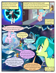 Size: 612x792 | Tagged: safe, artist:newbiespud, edit, edited screencap, screencap, chancellor neighsay, cozy glow, gallus, ocellus, sandbar, silverstream, smolder, yona, changedling, changeling, classical hippogriff, dragon, earth pony, griffon, hippogriff, pegasus, pony, yak, comic:friendship is dragons, school raze, annoyed, background pony, bow, climbing, clothes, comic, cozy glow is best facemaker, cozy glow is not amused, dialogue, dragoness, female, filly, flying, foal, freckles, hair bow, looking back, looking up, male, portal, raised hoof, screencap comic, stallion, student six