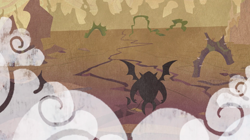 Size: 1440x809 | Tagged: safe, derpibooru import, screencap, scorpan, twilight's kingdom, fog, lore, male, silhouette, solo, spread wings, storybook, thorns, wasteland, wings