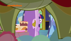 Size: 1545x903 | Tagged: safe, derpibooru import, screencap, sludge (g4), twilight sparkle, twilight sparkle (alicorn), alicorn, dragon, pony, father knows beast, cake, food, framed by legs, out of context, you know for kids