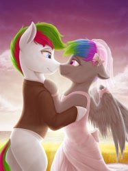 Size: 774x1033 | Tagged: safe, artist:novaintellus, oc, oc:fox glove, oc:neon streak, earth pony, pegasus, pony, bedroom eyes, couple, cute, looking at each other, marriage, neove, wedding