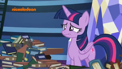 Size: 1148x646 | Tagged: safe, derpibooru import, screencap, twilight sparkle, twilight sparkle (alicorn), alicorn, pony, father knows beast, book, crying, nickelodeon, sad, solo