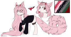 Size: 2300x1200 | Tagged: safe, artist:cloud-fly, derpibooru import, oc, earth pony, pony, clothes, eye clipping through hair, fangs, heterochromia, jewelry, long mane, male, necklace, piercing, reference sheet, shirt, simple background, snake bites, solo, stallion, tongue out, tongue piercing, transparent background