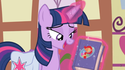 Size: 1600x900 | Tagged: safe, screencap, twilight sparkle, twilight sparkle (alicorn), alicorn, pony, a trivial pursuit, book, levitation, magic, ponyville, saddle bag, solo, telekinesis