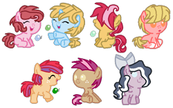 Size: 625x391 | Tagged: safe, artist:selenaede, artist:xxmidnightmuffinxx, oc, oc:bubble blast, oc:charity cupcake, oc:frostbite, oc:fruit fly, oc:jazz apple, oc:lightning shimmer, oc:nugget, pony, babies, base used, big bow, bow, eyes closed, hair bow, hair covering face, happy, hooves out, next generation, offspring, open mouth, parent:apple bloom, parent:applejack, parent:big macintosh, parent:donut joe, parent:featherweight, parent:fluttershy, parent:pinkie pie, parent:scootaloo, parent:tender taps, parent:trouble shoes, parents:fluttermac, parents:pinkiejoe, parents:rumbletiara, parents:scootaweight, parents:tenderbloom, parents:troublejack, sitting, smiling, standing
