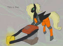 Size: 1825x1326 | Tagged: safe, artist:nsilverdraws, oc, oc only, oc:veen sundown, horse, pegasus, pony, clothes, female, half-life, hev suit, mare, resonance cascade, sketch, solo, suit, sundown clan, test chamber, this is fine, this will not end well