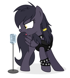 Size: 1273x1429 | Tagged: safe, artist:lazuli, artist:rioshi, artist:starshade, oc, oc only, oc:mir, pegasus, pony, base used, choker, clothes, collar, death metal, female, frontmare, growling, hair tie, hair wrap, heavy metal, jacket, leather jacket, microphone, power metal, screaming, simple background, singing, solo, spiked collar, spikes, transparent background, ych result