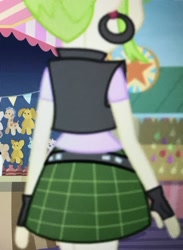 Size: 2165x2951 | Tagged: safe, derpibooru import, screencap, cherry crash, equestria girls, equestria girls series, rollercoaster of friendship, ass, belt, butt, cherry ass, clothes, cropped, ear piercing, earring, female, jewelry, miniskirt, piercing, plaid skirt, rear view, skirt, solo