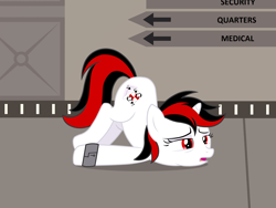 Size: 2046x1536 | Tagged: safe, artist:draymanor57, oc, oc only, oc:blackjack, pony, unicorn, fallout equestria, fallout equestria: project horizons, cuffed, cuffs, description is relevant, fanfic art, hallway, solo, stable