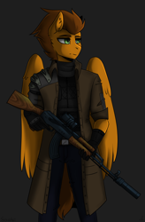 Size: 1390x2120 | Tagged: safe, artist:serodart, derpibooru import, oc, oc:desert snake, anthro, pegasus, ak, ak-47, assault rifle, clothes, commission, gun, male, playerunknown's battlegrounds, rifle, solo, trenchcoat, weapon