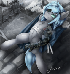 Size: 1135x1200 | Tagged: safe, artist:jesterpi, derpibooru import, oc, oc only, amputee, armpits, castle, clothes, coat, eyepatch, guard, male, mountain, pose, prosthetic arm, prosthetic limb, prosthetics, relaxing, shadow, snow, solo, wall