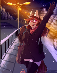 Size: 2457x3145 | Tagged: safe, artist:hakkids2, derpibooru import, oc, anthro, anthro oc, bag, clothes, female, glasses, light, looking at you, open mouth, snow, solo, tree