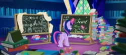 Size: 2000x883 | Tagged: safe, artist:ponylover88, derpibooru import, edit, edited screencap, screencap, twilight sparkle, twilight sparkle (alicorn), alicorn, best gift ever, book, chalkboard, dat chalkboard, image macro, meme, panic, solo, text, twilight's castle, we don't normally wear clothes