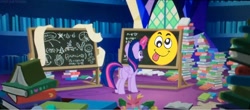 Size: 2000x883 | Tagged: safe, artist:ponylover88, derpibooru import, edit, edited screencap, screencap, twilight sparkle, twilight sparkle (alicorn), alicorn, best gift ever, book, chalkboard, crazy face, emoji ponies, faic, meme, twilight's castle