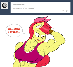 Size: 1280x1185 | Tagged: safe, artist:matchstickman, derpibooru import, apple bloom, anthro, earth pony, abs, apple bloom's bow, apple bloomed, apple brawn, armpits, biceps, bow, breasts, clothes, comic, deltoids, dialogue, female, fingerless gloves, gloves, hair bow, looking sideways, mare, matchstickman's apple brawn series, muscles, older, older apple bloom, simple background, solo, speech bubble, talking to viewer, triceps, tumblr comic, tumblr:where the apple blossoms, white background