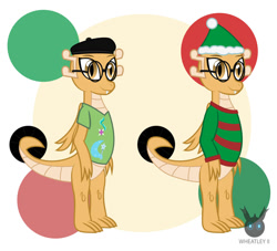 Size: 1385x1257 | Tagged: safe, artist:wheatley r.h., derpibooru exclusive, oc, oc only, oc:myoozik the dragon, dragon, beret, christmas, clothes, cutie mark, cutie mark on clothes, dragon oc, female, glasses, happy, hat, holiday, melody the dragoness, rule 63, shirt, simple background, solo, sweater, vector, watermark