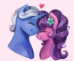 Size: 1352x1112 | Tagged: safe, artist:riukime, petunia petals, sunny skies, pony, rainbow roadtrip, blushing, eyes closed, female, male, petuniasky, shipping, straight