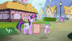 Size: 1600x900 | Tagged: safe, screencap, amethyst star, diamond tiara, silver spoon, sparkler, spike, twilight sparkle, twilight sparkle (alicorn), alicorn, dragon, a trivial pursuit, building, bush, chart, flower, hedge, house, lamp post, levitation, magic, saddle bag, telekinesis, winged spike