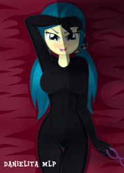 Size: 1024x1424 | Tagged: safe, artist:danielitamlp, derpibooru import, juniper montage, equestria girls, blushing, bodysuit, breasts, catsuit, dark jedi, female, glasses off, knights of ren, open mouth, sith, solo