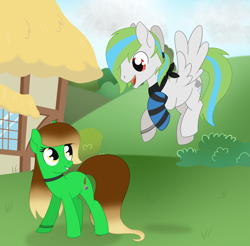 Size: 2792x2746 | Tagged: safe, artist:dyonys, oc, oc:lucky brush, oc:rainfall, earth pony, pegasus, pony, choker, clothes, female, flying, house, looking at each other, male, mare, scarf, show accurate, smiling, sock, socks, stallion, standing, striped socks