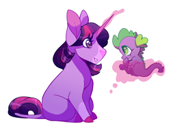 Size: 4000x3000 | Tagged: safe, artist:uunicornicc, derpibooru import, spike, twilight sparkle, unicorn twilight, dragon, pony, unicorn, baby, baby dragon, baby spike, coat markings, cute, duo, female, filly, filly twilight sparkle, floating, glowing horn, leonine tail, looking at each other, magic, male, simple background, smiling, spikabetes, telekinesis, twiabetes, white background, younger