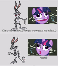 Size: 1437x1620 | Tagged: safe, derpibooru import, edit, edited screencap, screencap, twilight sparkle, twilight sparkle (alicorn), alicorn, best gift ever, bugs bunny, comic, crazy face, discovery family logo, exploitable meme, faic, lol face, looney tunes, meme, new looney tunes, one carroter in search of an artist, open mouth, pudding face, screencap comic