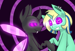 Size: 1003x677 | Tagged: safe, artist:askhypnoswirl, oc, oc only, changeling, pony, unicorn, hypnosis, swirly eyes