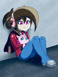 Size: 1536x2048 | Tagged: safe, artist:sketch-bro, derpibooru import, oc, oc only, oc:contralto, oc:cupcake slash, siren, equestria girls, clothes, cute, daaaaaaaaaaaw, equestria girls-ified, headphones, pants, shoes, sitting, snow, winter, younger