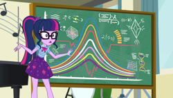 Size: 1920x1080 | Tagged: safe, derpibooru import, screencap, sci-twi, twilight sparkle, better together, equestria girls, overpowered (equestria girls), chalkboard, clothes, female, geode of telekinesis, glasses, math, ponytail, skirt, solo