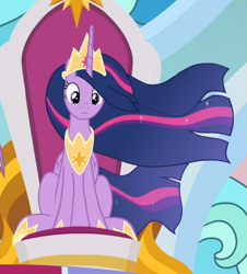 Size: 751x829 | Tagged: safe, screencap, princess twilight 2.0, twilight sparkle, twilight sparkle (alicorn), alicorn, pony, the last problem, cropped, ethereal mane, jewelry, older, older twilight, regalia, sitting, solo, throne