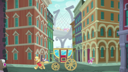 Size: 1440x810 | Tagged: safe, derpibooru import, screencap, beaude mane, blueberry curls, bubblegum blossom, colton john, levon song, pinot noir, shiraz, silver berry, earth pony, pony, made in manehattan, background pony, bridge, building, carriage, city, coach, female, friendship express, male, manehattan, mare, stallion, train, unnamed pony, unshorn fetlocks