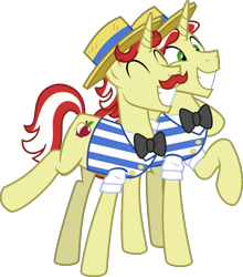 Size: 3000x3411 | Tagged: safe, artist:sollace, derpibooru import, flam, flim, pony, unicorn, .svg available, bow ties, clothes, cute, duo, facial hair, flim flam brothers, hat, moustache, raised leg, simple background, smiling, transparent background, vector