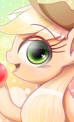 Size: 1440x2368 | Tagged: safe, artist:phoenixrk49, derpibooru import, applejack, earth pony, pony, apple, blushing, bust, cute, eye clipping through hair, food, gradient background, jackabetes, open mouth, portrait, profile, solo