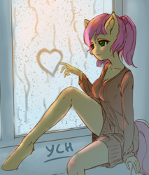 Size: 3016x3543 | Tagged: safe, artist:kindpineapple, derpibooru import, oc, oc only, anthro, unguligrade anthro, advertisement, anthro oc, clothes, commission, digital art, female, heart, high res, mare, misted glass drawing, rain, solo, window, ych example, your character here