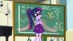 Size: 1920x1080 | Tagged: safe, derpibooru import, screencap, sci-twi, twilight sparkle, better together, equestria girls, overpowered (equestria girls), chalkboard, clothes, female, geode of telekinesis, glasses, ponytail, skirt, solo