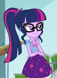 Size: 747x1028 | Tagged: safe, derpibooru import, screencap, sci-twi, twilight sparkle, better together, equestria girls, overpowered (equestria girls), clothes, cropped, geode of telekinesis, glasses, ponytail, skirt, smiling, solo