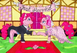 Size: 1250x862 | Tagged: safe, artist:dusketh, bubble berry, pinkie pie, bird, dove, earth pony, pony, bubblepie, clothes, dress, female, flower, flower in tail, male, marriage, rule 63, self ponidox, selfcest, shipping, straight, town hall, traditional art, tuxedo, wedding, wedding dress