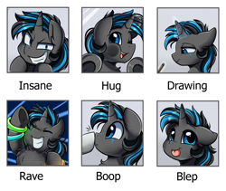 Size: 2349x1978 | Tagged: safe, artist:pridark, oc, oc:blaze, pony, unicorn, :p, boop, chart, chest fluff, commission, drawing, emotions, glowing horn, horn, imminent hugs, insanity, levitation, magic, one eye closed, open mouth, pencil, rave, teeth, telekinesis, tongue out, underhoof