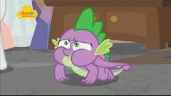 Size: 1024x576 | Tagged: safe, derpibooru import, screencap, spike, dragon, school raze, choking, male, nickelodeon, puffy cheeks, solo, winged spike