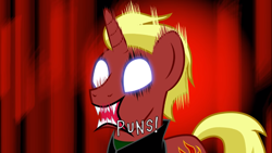 Size: 854x480 | Tagged: safe, artist:mlp-silver-quill, derpibooru import, oc, oc only, oc:commander firebrand, oc:firebrand, pony, unicorn, after the fact, aggretsuko, blank eyes, josh scorcher, male, pun, reaction image, sanrio, solo, stallion