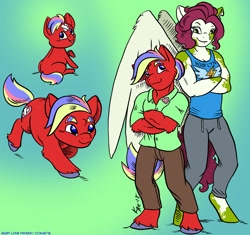 Size: 1100x1034 | Tagged: safe, artist:kaemantis, derpibooru import, oc, oc only, oc:candy stripe, oc:sweet pepper, anthro, pegasus, unicorn, adopted offspring, broken horn, brother and sister, female, horn, male, mare, next generation, offspring, parent:babs seed, parent:twist, parents:babstwist, siblings, stallion