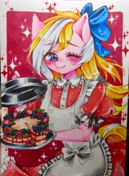 Size: 2590x3539 | Tagged: safe, artist:manekoart, derpibooru import, oc, oc only, oc:bay breeze, anthro, anthro oc, apron, blushing, bow, cake, clothes, cute, dress, female, food, hair bow, mare, ocbetes, one eye closed, photo, solo, traditional art, wink